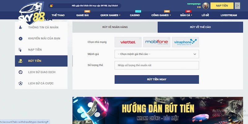 Các bước thực hiện rút tiền SKY88 bằng thẻ cào