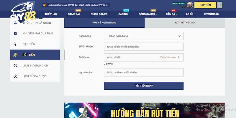 Cách nạp tiền SKY88 về tài khoản ngân hàng nhanh chóng