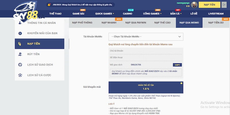 Hướng dẫn nạp tiền SKY88 bằng ví Momo