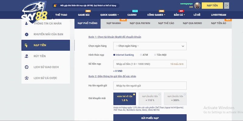 Nạp tiền SKY88 là bước rất quan trọng