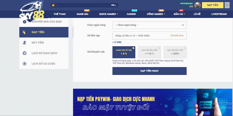 Phương thức nạp tiền SKY88 thông qua Paywin